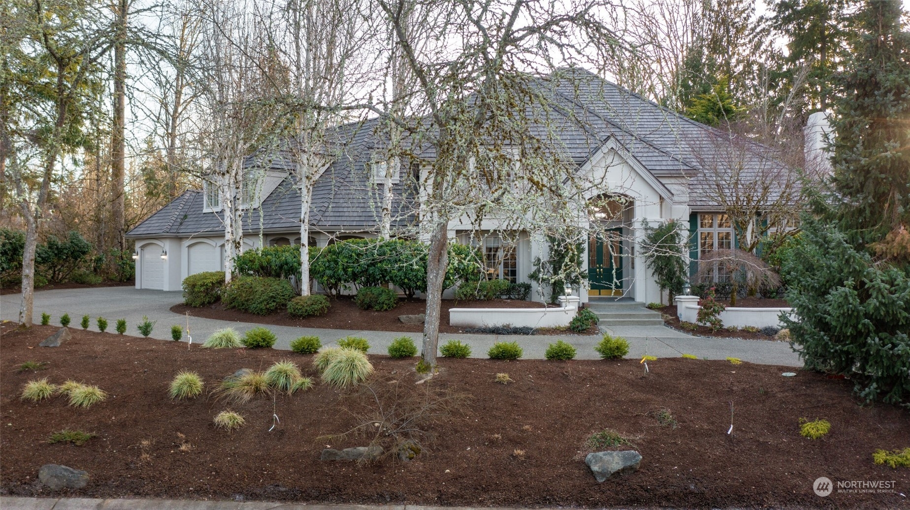 a view of a white house with a yard plants and large tree