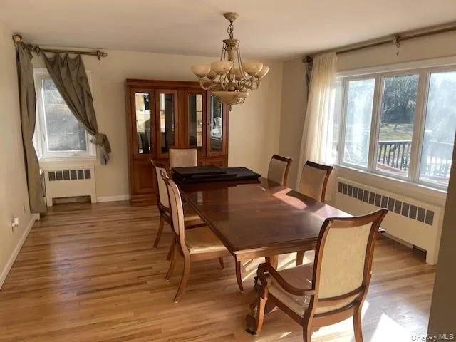 a view of a dining room with furniture window and wooden floor
