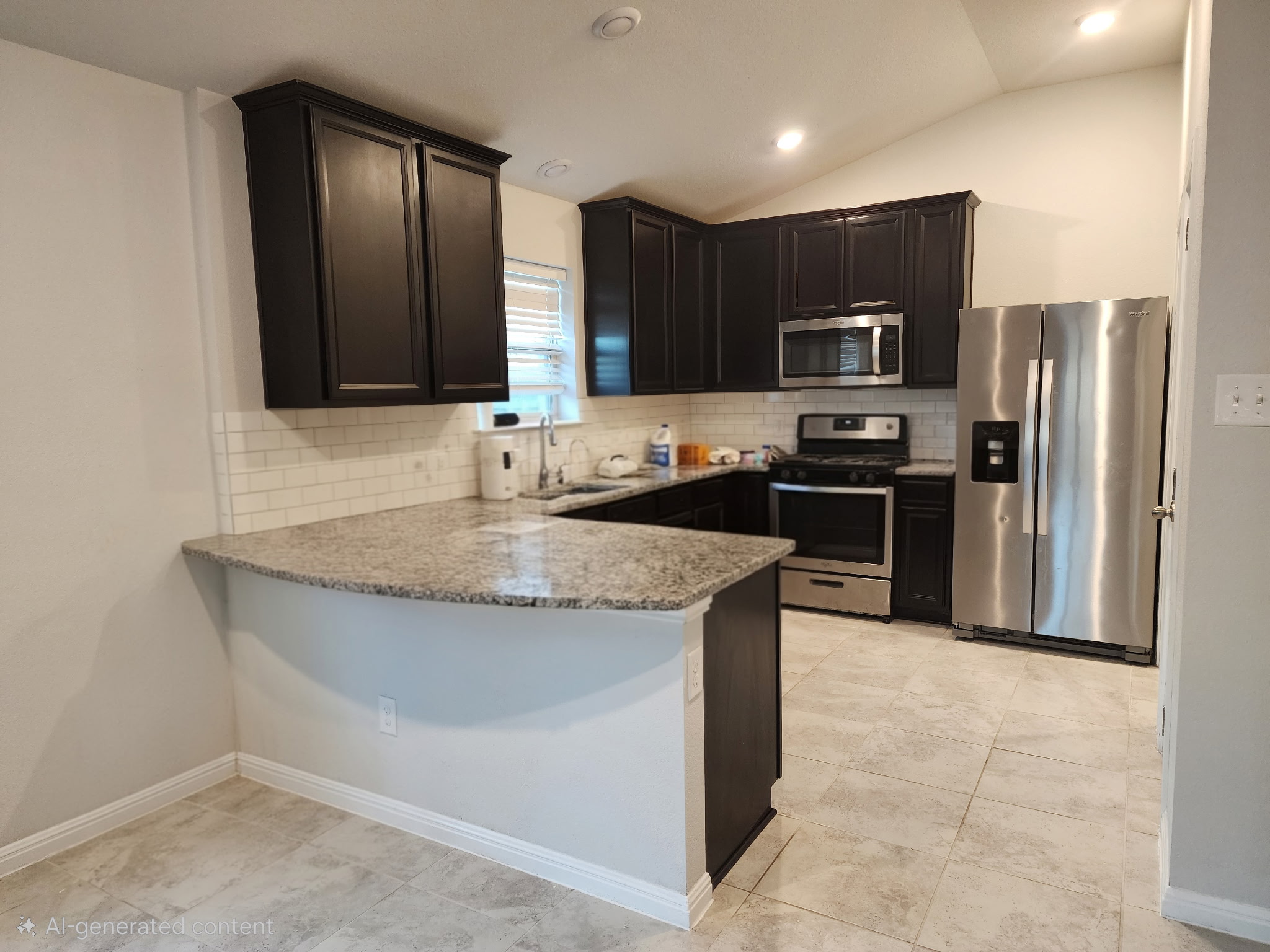 12321 Caldera Way Manor, TX 78653 - Photo 12 of 18 Kitchen with stainless steel appliances, light stone counters, lofted ceiling, decorative backsplash, and a peninsula