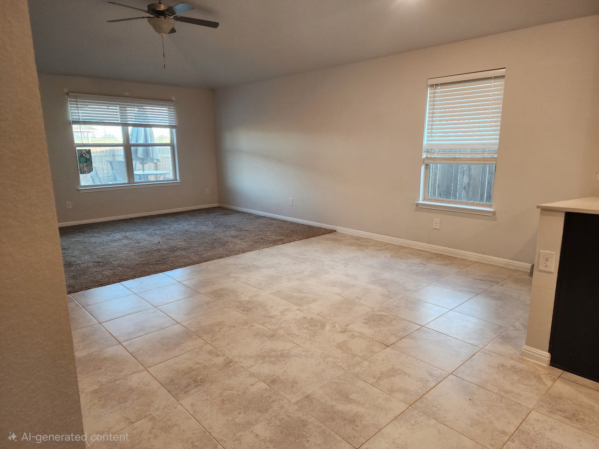 12321 Caldera Way Manor, TX 78653 - Photo 9 of 18 Unfurnished room with light tile patterned floors, plenty of natural light, ceiling fan, and light carpet