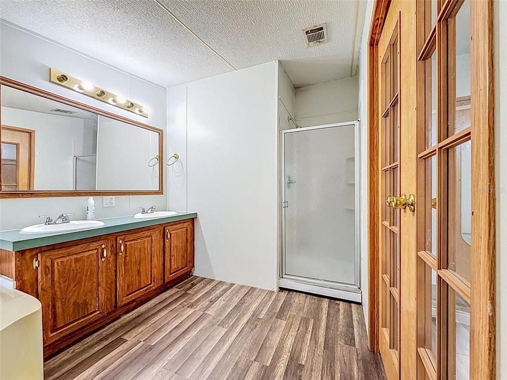 1819 Sinclair Hills Road Lutz, FL 33549 - Photo 35 of 60 a bathroom with a sink a mirror and a shower