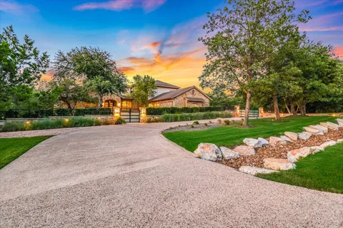 a view of a park with large trees