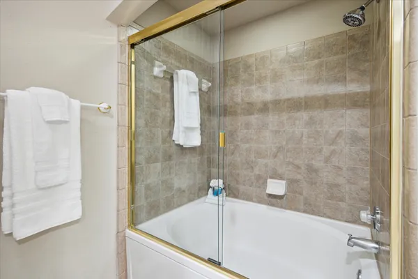 a bathroom with a bathtub and a shower