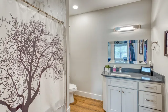 a bathroom with a granite countertop sink a toilet and shower curtain
