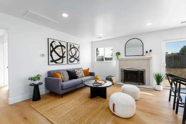 a living room with furniture and a fireplace