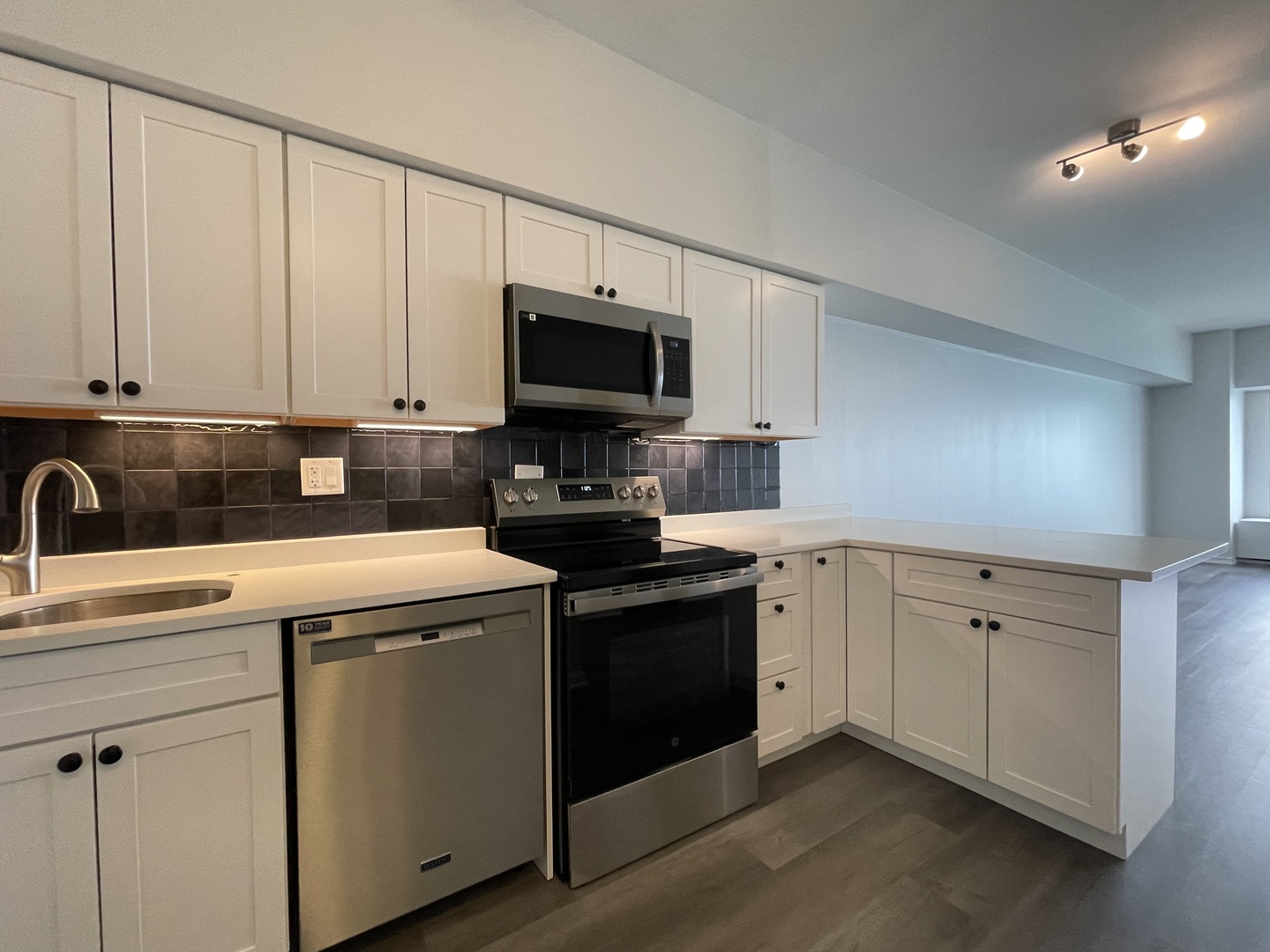 175 East Delaware Place, Unit 5004 Chicago, IL 60611 - Photo 4 of 17 a kitchen with white cabinets and stainless steel appliances
