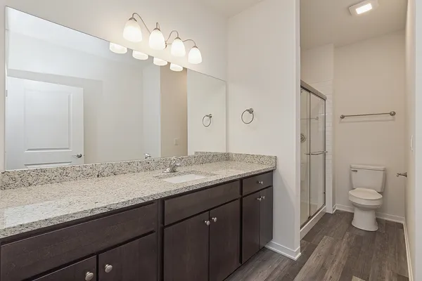 a bathroom with a granite countertop sink a toilet and a mirror