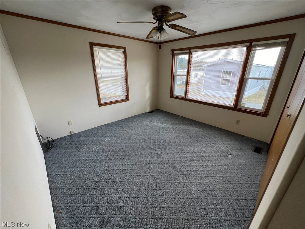 12921 Springfield Road, Unit 3N New Springfield, OH 44443 - Photo 15 of 19 Empty room with ceiling fan, ornamental molding, and dark carpet