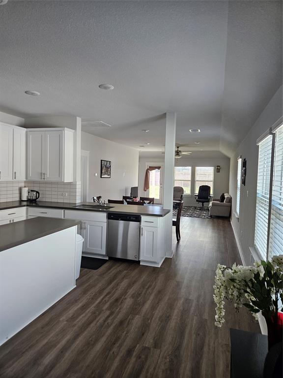 312 Gidran Trail Georgetown, TX 78626 - Photo 4 of 14 Open-concept living area with wood-finish flooring, white cabinetry, dark countertops, a tile backsplash, and stainless steel appliances
