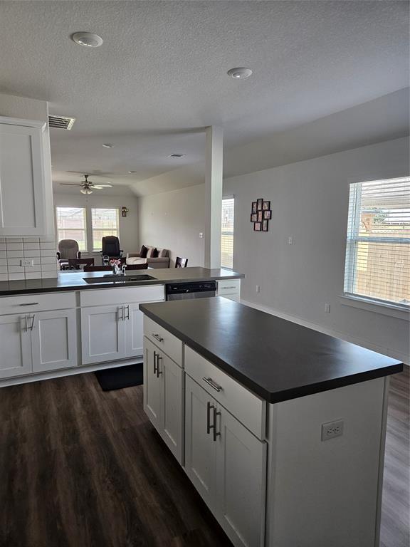 312 Gidran Trail Georgetown, TX 78626 - Photo 7 of 14 Open-concept kitchen featuring an island with a dark countertop and white cabinetry, wood-finish flooring, recessed lighting, and a white subway tile backsplash