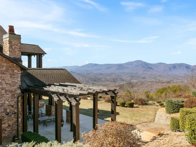 a view of a terrace with a mountain