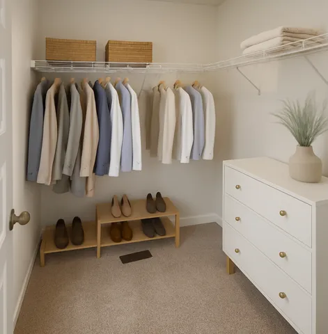 a view of walk in closet with clothes and shoes