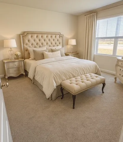 a bed sitting in a bedroom next to a window