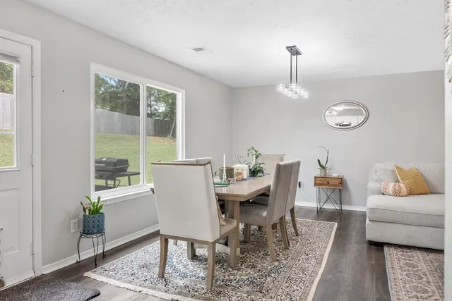 a dining room with furniture a rug a potted plant and a chandelier