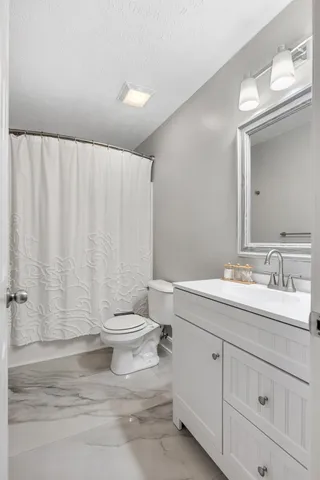 a bathroom with a double vanity sink toilet and a mirror