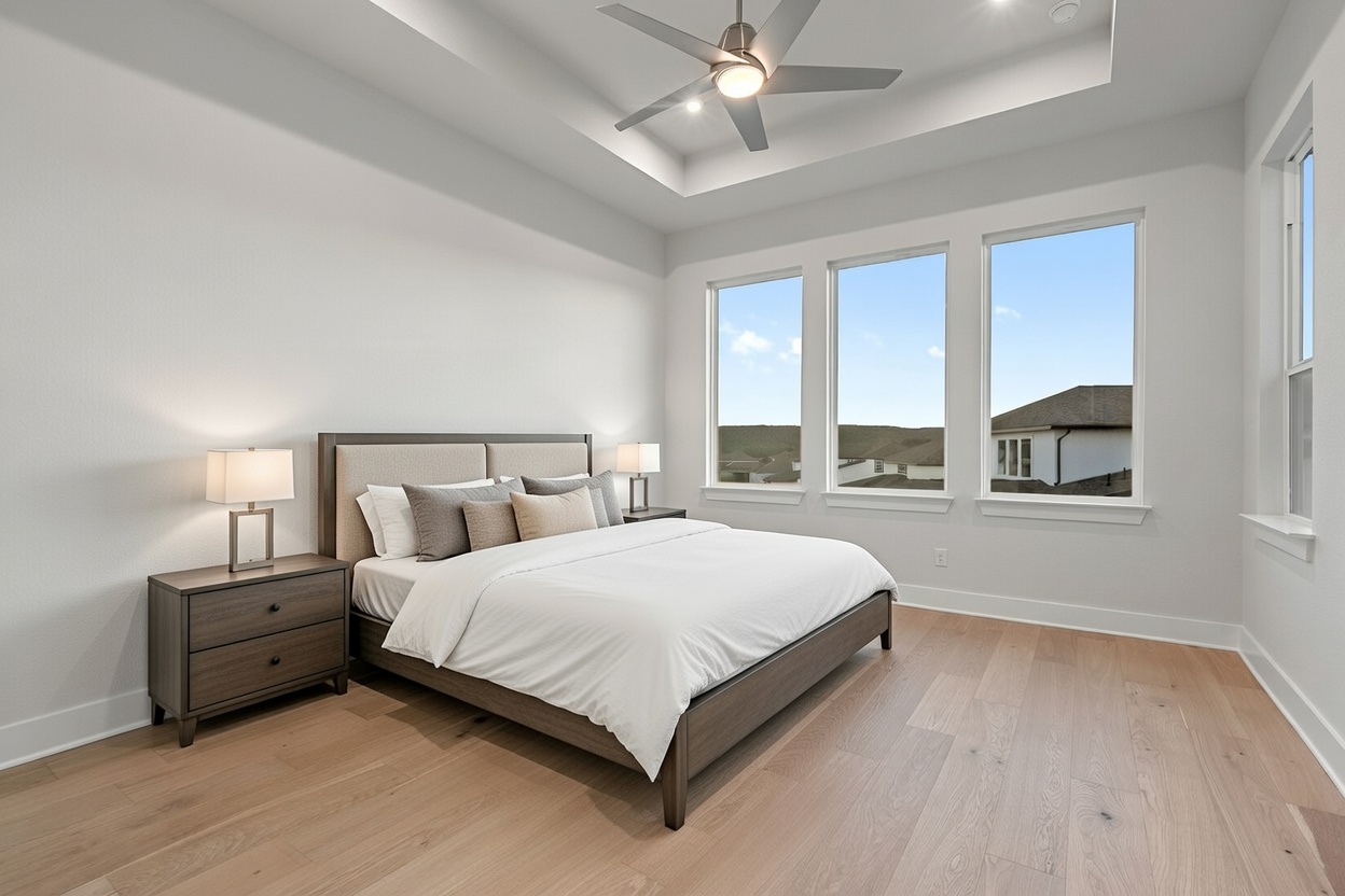 5336 Cosenza Trace Leander, TX 78641 - Photo 38 of 40 Bedroom with light wood finished floors, a ceiling fan, and a raised ceiling