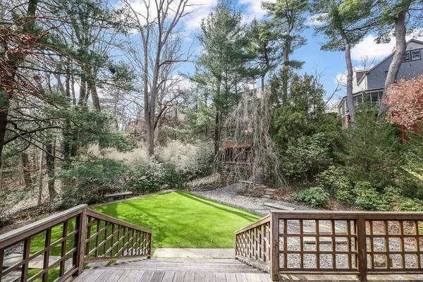 a view of a wooden deck with a backyard