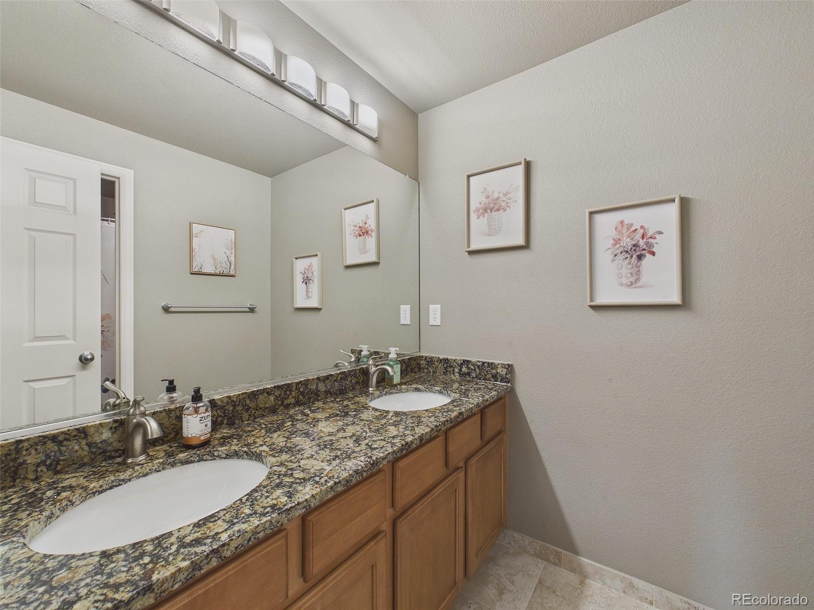 2805 South Jebel Way Aurora, CO 80013 - Photo 40 of 50 a bathroom with a granite countertop sink a mirror and a picture