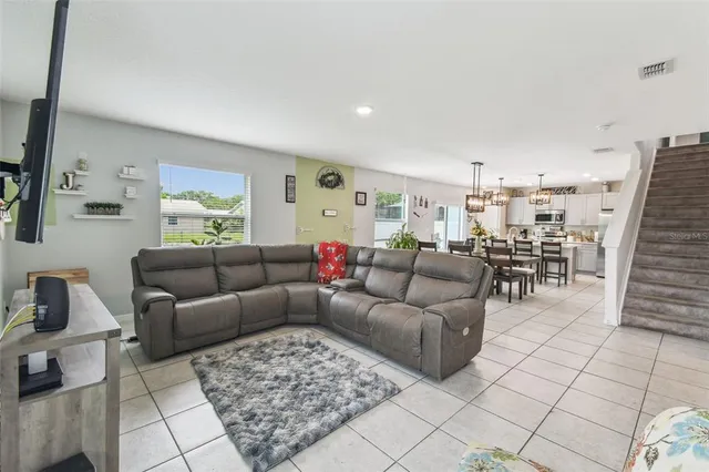 a view of a dining room with furniture