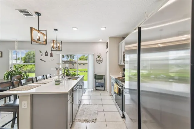 a view of a dining room with furniture
