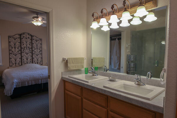 1050 Spring Road Shelter Cove, CA 95589 - Photo 30 of 42 a en suite bathroom with a granite countertop sink a large mirror and vanity