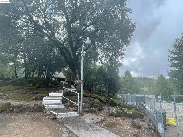 a view of a bench in a backyard