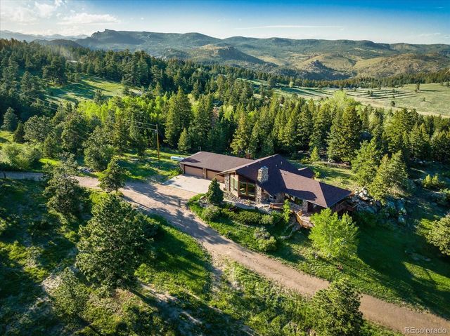 an aerial view of green landscape with trees houses and mountain view