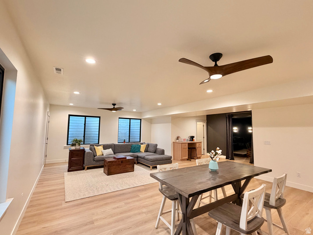 3626 Riverstone Road Mapleton, UT 84664 - Photo 35 of 58 Dining area with a ceiling fan, light wood-type flooring, and recessed lighting