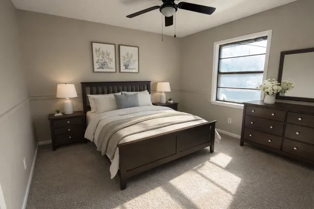 a bedroom with a bed and a window