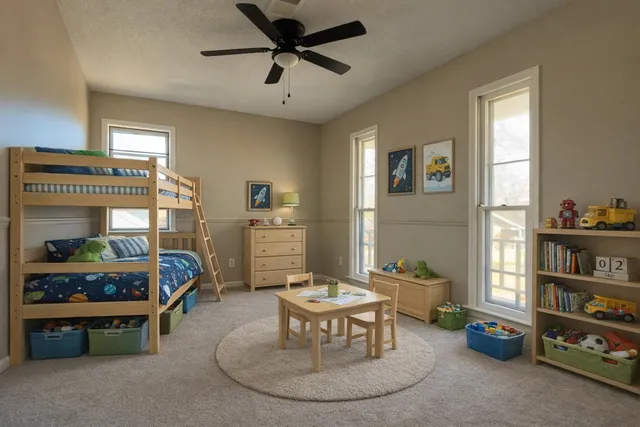 a living room with furniture and a book shelf