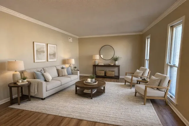 a living room with furniture a rug and a window