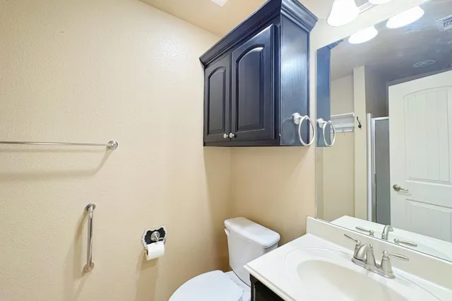 a bathroom with a toilet a sink and mirror