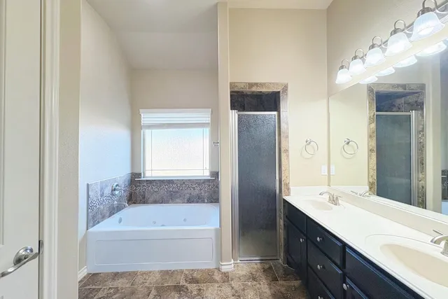 a bathroom with a bath tub a sink and a large mirror