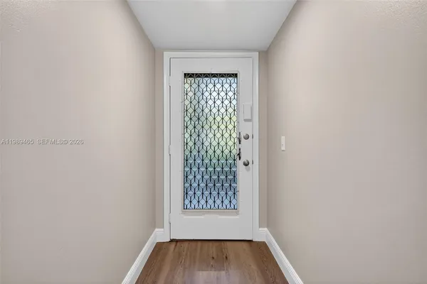 a view of a small space with a window