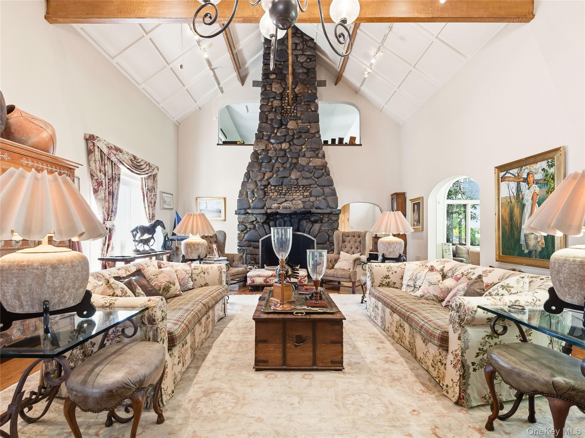 2 Aspen Place Great Neck, NY 11021 - Photo 6 of 48 Formal Living Room with Dramatic Two-Story Stone Fireplace