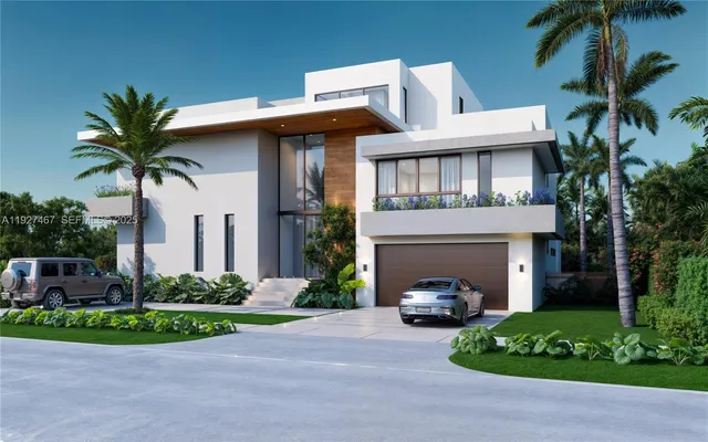 a front view of a house with a garden and palm trees