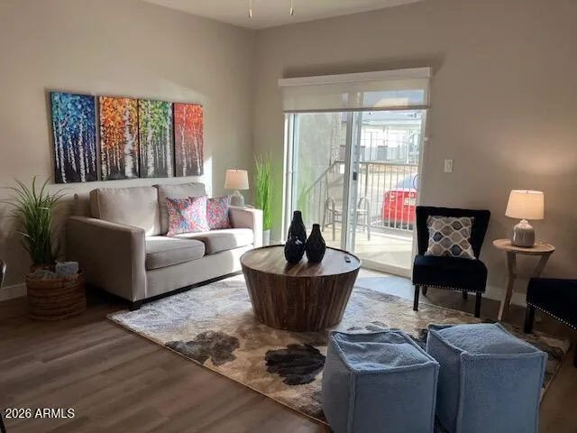 a bedroom with a bed and a mirror