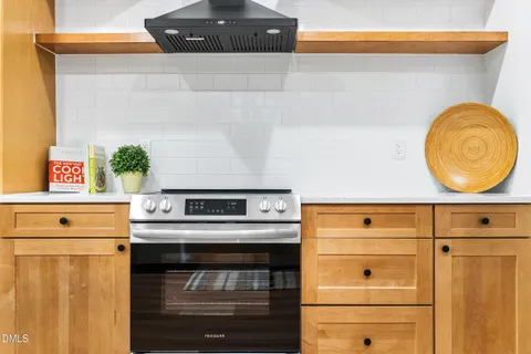 a kitchen with a stove and a cabinet