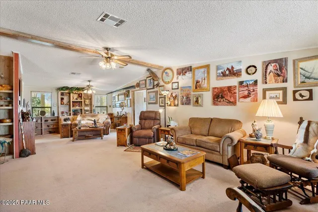a living room with furniture a couch and a ceiling fan