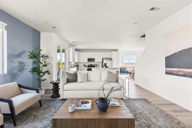 a living room with furniture wooden floor and a rug