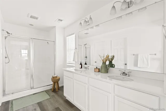 a bathroom with double vanity sink a mirror and a shower