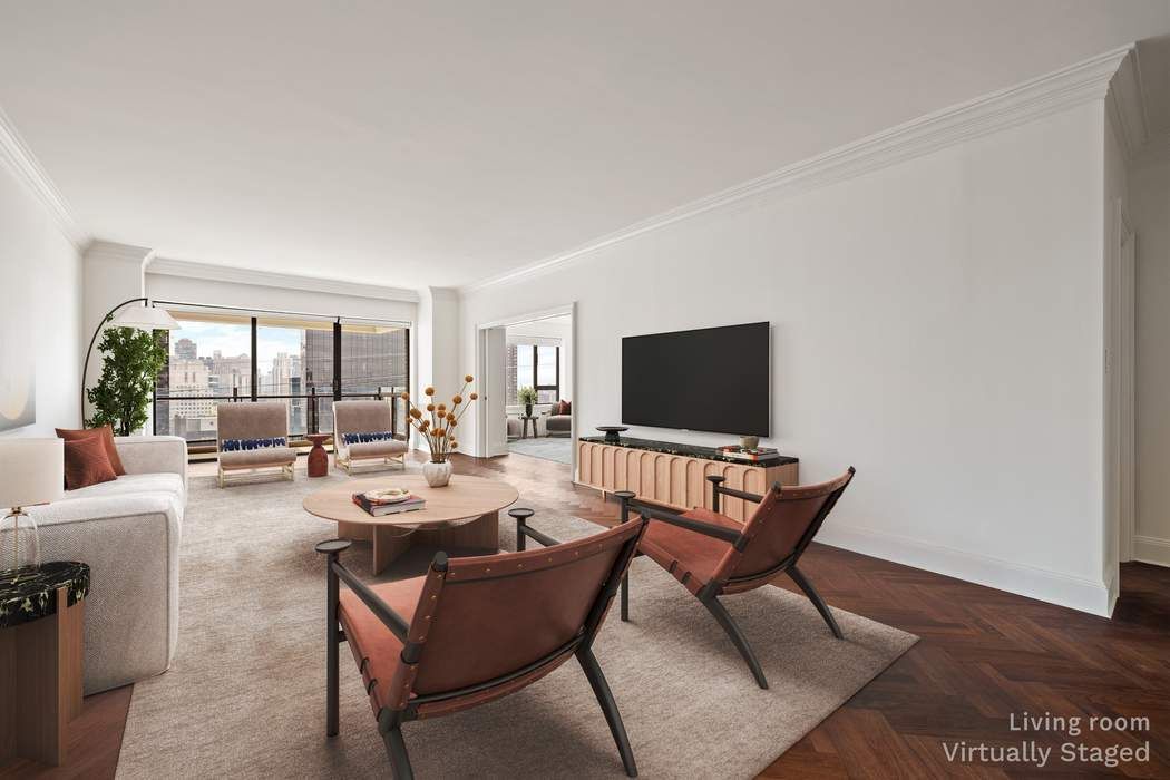 425 East 58th Street, Unit 21E Manhattan, NY 10022 - Photo 2 of 19 a living room with furniture a flat screen tv and a floor to ceiling window