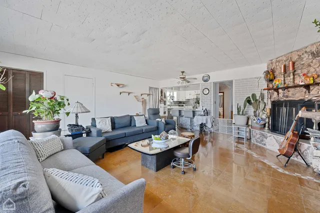 a living room with furniture and a potted plant