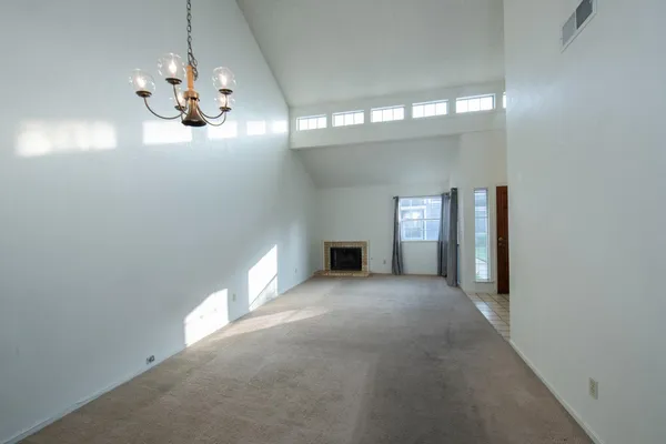 a view of a chandelier in a room