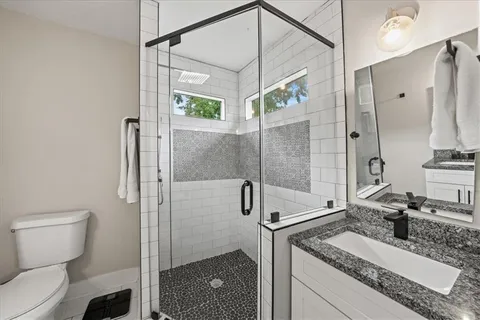 a bathroom with a granite countertop sink a toilet and shower