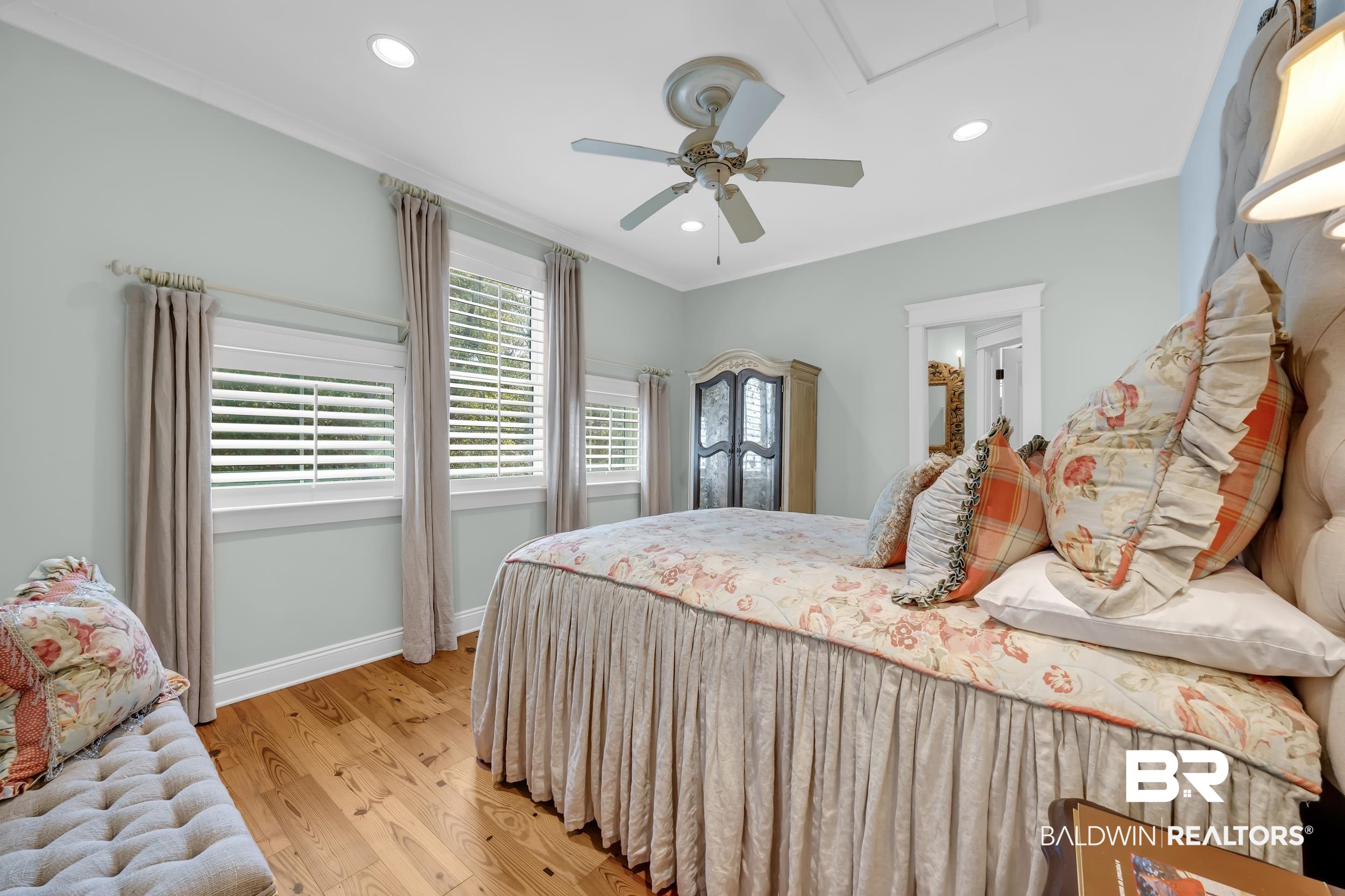 12161 Jessamine Street Magnolia Springs, AL 36555 - Photo 40 of 70 Bedroom featuring light wood-type flooring, recessed lighting, a ceiling fan, and ornamental molding