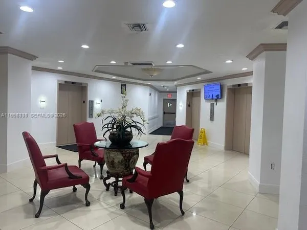 a view of a dining room with furniture