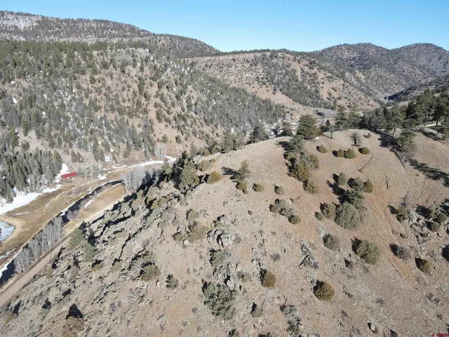 a view of a dry yard with mountains and trees