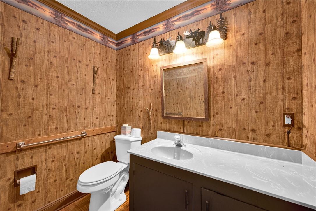 1016 Campbell Road Belton, SC 29627 - Photo 19 of 50 A well-lit bathroom features unique rustic paneling and a modern vanity.