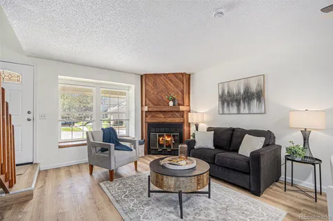 a living room with fireplace furniture and a fireplace